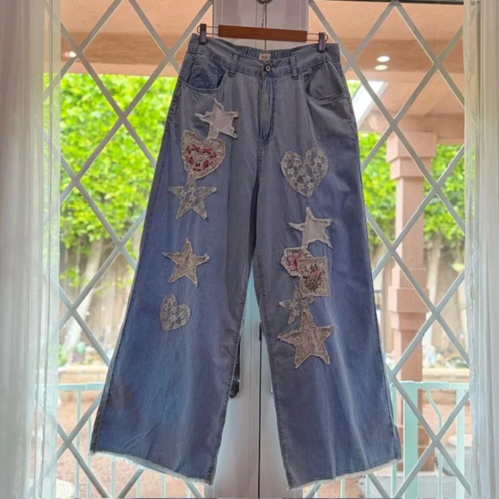 🆕Pol Star Heart Lace Patchwork Blue Denim Wide Leg Pants Size Medium - Picture 4 of 12